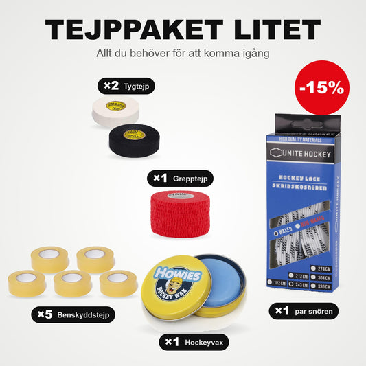 Tejppaket Litet: 5 benskyddstejp, 2 tygtejp, 1 grepptejp, 1 par skridskosnören och hockeyvax