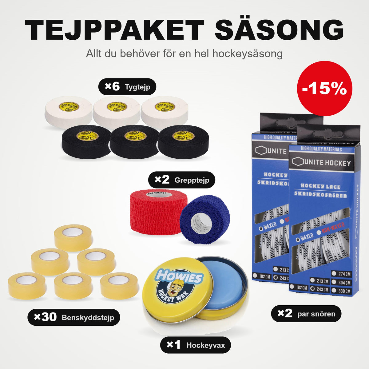 Tejppaket Säsong: 30 benskyddstejp, 6 tygtejp, 2 grepptejp, 2 par skridskosnören och hockeyvax