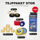 Tejppaket Stor: 15 benskyddstejp, 4 tygtejp, 2 grepptejp, 1 par skridskosnören och hockeyvax